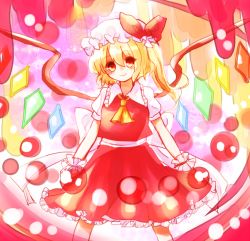 Rule 34 | 1girl, ascot, blonde hair, blouse, bow, collared shirt, flandre scarlet, hair between eyes, hat, hat bow, head tilt, mayo (mayomr29), mob cap, red eyes, sash, shirt, solo, touhou, white hat, white shirt, wings, wrist cuffs