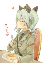 Rule 34 | 10s, 1girl, :t, anchovy (girls und panzer), anzio military uniform, black necktie, black shirt, blush, chair, character name, closed eyes, closed mouth, collared shirt, eating, fingernails, food, foomi, fork, girls und panzer, green hair, green jacket, hair between eyes, heart, holding, holding fork, jacket, long hair, long sleeves, necktie, pasta, plate, ringlets, shirt, sitting, solo, spaghetti, table, translation request, twintails, white background