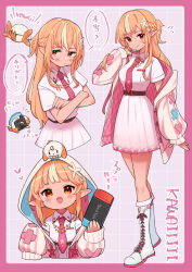 Rule 34 | 1girl, absurdres, belt, blonde hair, blush, boots, border, camera, cherry blossoms, chibi, crossed arms, elfriend (shiranui flare), english text, full body, heart, highres, hololive, hood, hood up, hooded jacket, jacket, knee boots, long hair, looking at viewer, necktie, nintendo switch, open mouth, pink background, pink border, pink necktie, pink theme, pointy ears, pout, sasaki (glass1138), shiranui flare, skirt, speech bubble, translation request, virtual youtuber, white footwear, white hair, yellow eyes