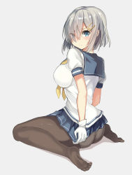 Rule 34 | 10s, 1girl, absurdres, ass, black pantyhose, blue eyes, blush, breasts, embarrassed, eyes visible through hair, gloves, hair ornament, hair over one eye, hairclip, hamakaze (kancolle), highres, kantai collection, large breasts, looking at viewer, neckerchief, panties, panties under pantyhose, pantyhose, pleated skirt, retto (250letttt), school uniform, serafuku, short hair, silver hair, sitting, skirt, skirt tug, solo, underwear, wariza, white gloves, yellow neckerchief