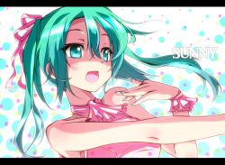 Rule 34 | 1girl, copyright name, g-ist, green eyes, green hair, hair ribbon, hatsune miku, letterboxed, matching hair/eyes, nail polish, open mouth, ribbon, solo, twintails, vocaloid