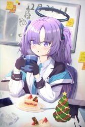 Rule 34 | 1girl, absurdres, arm support, black gloves, blue archive, blush, cake, christmas, christmas cake, collared shirt, commentary request, cup, food, gloves, hair between eyes, halo, highres, holding, holding cup, hood, hooded coat, long hair, long sleeves, looking at viewer, lpleader, mug, necktie, parted lips, purple eyes, purple hair, school uniform, shirt, sidelocks, solo, strawberry shortcake, table, two side up, whiteboard, yuuka (blue archive)