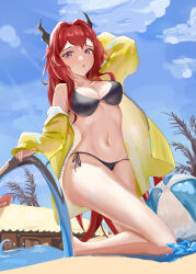 Rule 34 | 1girl, absurdres, arknights, ball, bare legs, bare shoulders, beachball, bikini, black bikini, blue sky, breasts, cloud, commentary, daqingzao, day, hair intakes, highres, horns, jacket, kneeling, large breasts, long hair, looking at viewer, navel, off shoulder, open clothes, open jacket, parted lips, purple eyes, red hair, side-tie bikini bottom, sky, solo, stomach, surtr (arknights), swimsuit, thighs, very long hair, yellow jacket