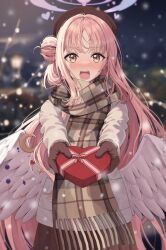 Rule 34 | 1girl, angel wings, blue archive, blush, candy, chocolate, chocolate heart, feathered wings, food, hair bun, halo, heart, highres, long hair, looking at viewer, low wings, mika (blue archive), ojyomu, open mouth, pink hair, pink halo, scarf, single side bun, skirt, snow, solo, white wings, wing ornament, wings, yellow eyes