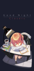 Rule 34 | 1girl, absurdres, bad id, bad pixiv id, black footwear, black jacket, black ribbon, book, book stack, bookmark, chair, clipboard, closed eyes, closers, copyright name, cup, desk, desk lamp, english text, from above, fur trim, hair ribbon, highres, jacket, jellycarrot, lamp, long sleeves, mug, open mouth, orange hair, paper, pen, ribbon, seulbi lee, shirt, shoes, sitting, sleeping, socks, solo, twintails, unworn jacket, white shirt, white socks