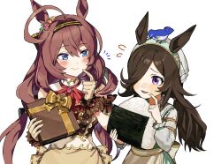 2girls ahoge bird blue_bird box brown_hair food food_on_face gift gift_box hair_over_one_eye hairband highres holding holding_food holding_gift horse_girl koushikitarou_(oisiine8931) long_hair low_twintails mihono_bourbon_(code:glassage)_(umamusume) mihono_bourbon_(umamusume) multiple_girls official_alternate_costume official_alternate_hairstyle onigiri purple_eyes rice_shower_(umamusume) rice_shower_(yummy_dreamy_fairy)_(umamusume) simple_background smile twintails umamusume white_background