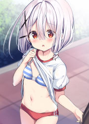 Rule 34 | 1girl, blush, bra, breasts, buruma, clothes lift, comic cune, commentary request, gym uniform, hair between eyes, hair ornament, kurou (quadruple zero), lifting own clothes, looking at viewer, ninose shizuku, open mouth, red buruma, red eyes, shirt, shirt lift, short hair, short sleeves, short twintails, small breasts, solo focus, striped bra, striped clothes, twintails, underwear, watashi no tame ni nuginasai!, white hair, white shirt, x hair ornament