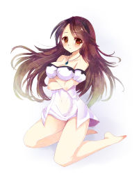 Rule 34 | 1girl, agnes oblige, barefoot, black hair, bravely default: flying fairy, bravely default (series), breasts, crossed arms, dress, hairband, jewelry, kneeling, large breasts, long hair, looking at viewer, miyako (mongcocoa), mongcocoa, necklace, parted lips, sitting, solo, square enix