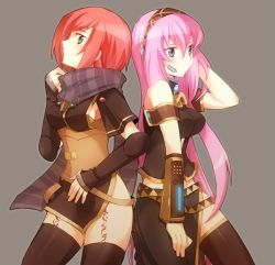 Rule 34 | 2girls, agi, asakawa yuu, black thighhighs, crossover, gloves, headset, long hair, megurine luka, multiple girls, nel zelpher, pink hair, red hair, scarf, short hair, side slit, square enix, star ocean, star ocean till the end of time, striped clothes, striped scarf, tattoo, thighhighs, vocaloid, voice actor connection, yamaha