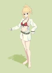 1girl :o absurdres alternate_costume barefoot blonde_hair blush braid breasts fate/grand_order fate_(series) green_background green_eyes groin half_up_braid highres long_sleeves mordred_(fate) mordred_(fate)_(all) mordred_(fate/apocrypha) mordred_(swimsuit_rider)_(fate) mordred_(swimsuit_rider)_(first_ascension)_(fate) navel oishii2929 ponytail sleeves_past_wrists small_breasts solo