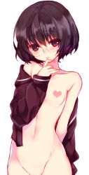Rule 34 | 1girl, :o, bad id, bad pixiv id, bare shoulders, black hair, blush, breasts, censored, eyebrows, glasses, groin, heart, heart censor, lips, long sleeves, navel, no pants, out-of-frame censoring, parted lips, red eyes, rimless eyewear, short hair, simple background, small breasts, solo, standing, teeth, teroru, undressing, white background