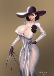 Rule 34 | 1girl, absurdres, alcina dimitrescu, artist name, black gloves, black hair, breasts, capcom, claws, commentary, dress, earrings, eyeshadow, gloves, gradient background, grey background, hand on own hip, hao world, hat, highres, huge breasts, jewelry, lipstick, long dress, long sleeves, looking at viewer, makeup, necklace, pearl necklace, resident evil, resident evil village, seductive smile, shiny clothes, shiny skin, shoes, signature, simple background, smile, white dress, yellow eyes