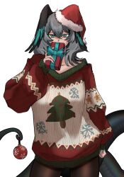 Rule 34 | 1girl, aqua eyes, arknights, black pantyhose, christmas, christmas ornaments, christmas present, christmas sweater, christmas tree print, covering own mouth, cowboy shot, fur-trimmed headwear, fur trim, gift, gingerbread man print, hair between eyes, hand up, hat, head wings, highres, ho&#039;olheyak (arknights), holding, holding gift, holding with tail, long sleeves, looking at viewer, medium hair, pantyhose, pom pom (clothes), prehensile tail, print sweater, red hat, santa hat, simple background, sketch, snake tail, snowflake print, solo, sweater, tail, white background, wings, yuec