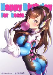 Rule 34 | 1girl, arched back, ass, blue bodysuit, blush, bodysuit, breasts, brown eyes, brown hair, blowing bubbles, chewing gum, d.va (overwatch), facepaint, facial mark, gloves, gradient background, happy birthday, headset, heart, high collar, jpeg artifacts, looking at viewer, medium breasts, outstretched arm, overwatch, overwatch 1, pilot suit, ribbed bodysuit, shennai misha, shiny clothes, skin tight, standing, text focus, twitter username, v, whisker markings, white gloves