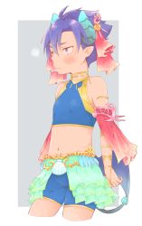 Rule 34 | 1boy, absurdres, blue hair, blush, child, dancer, demon tail, demon wings, highres, horns, jiro myu, male focus, midriff, navel, oonishi jiro, pointy ears, pop-up story, purple eyes, shorts, smile, solo, spoken squiggle, squiggle, tail, wings, ziz glover