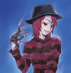 Rule 34 | 1girl, a nightmare on elm street, claws, cosplay, crossover, freddy krueger, freddy krueger (cosplay), gradient background, lowres, maruto!, my-hime, parody, solo, striped clothes, striped sweater, sweater, yuuki nao