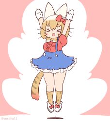 Rule 34 | 1girl, animal ears, arms up, bow, bowtie, brown hair, cat ears, cat girl, cat tail, coroha, extra ears, full body, gloves, hello kitty, hello kitty (character), jumping, kemono friends, kemono friends 3, looking at viewer, pink background, ribbon, sanrio, serval (kemono friends), shirt, shoes, short hair, simple background, skirt, socks, solo, tail
