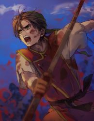 Rule 34 | 1boy, angry, bad id, bad pixiv id, bandana, black hair, blood, blue background, gensou suikoden, gensou suikoden i, halu-ca, male focus, open mouth, shirt, solo, staff, tir mcdohl, yellow eyes