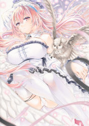 Rule 34 | 1girl, azur lane, bare shoulders, bird, breasts, center frills, detached collar, dress, feathered wings, frilled dress, frills, highres, jewelry, key, key necklace, large breasts, long hair, long sleeves, looking at viewer, lying, marker (medium), mimi (mini1474), necklace, on back, owl, panties, perseus (azur lane), pink eyes, pink hair, solo, strapless, strapless dress, thighhighs, traditional media, underwear, very long hair, white dress, white panties, white thighhighs, white wings, wings