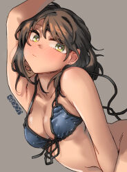 Rule 34 | 1girl, arm up, artist logo, artist name, bare arms, bare shoulders, bikini, black hair, blue bikini, blush, bottomless, breasts, cleavage, closed mouth, collarbone, commentary, ergot, fubuki (kancolle), grey background, highres, implied nopan, kantai collection, large breasts, looking at viewer, navel, no panties, short hair, simple background, solo, swimsuit, symbol-only commentary, upper body