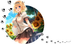 Rule 34 | 1girl, bad id, bad pixiv id, blonde hair, blue eyes, blush, breasts, covered erect nipples, fence, flower, hair ribbon, hairband, hatachi, highres, large breasts, one side up, open mouth, original, paw print, ribbon, see-through silhouette, shirt grab, short hair, skirt, solo, sunflower, tree, wall, wet, wet clothes