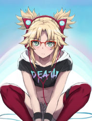 Rule 34 | 1girl, animal ear headphones, animal ears, axent wear, bespectacled, black shirt, blonde hair, blush, braid, breasts, cat ear headphones, closed mouth, clothes writing, commentary request, crop top, fake animal ears, fang, fang out, fate/apocrypha, fate (series), french braid, glasses, green eyes, grey shorts, hair ornament, hair scrunchie, headphones, highres, long hair, looking at viewer, midriff, mordred (fate), mordred (fate/apocrypha), navel, parted bangs, red-framed eyewear, red scrunchie, red thighhighs, scrunchie, shirt, short sleeves, shorts, sidelocks, small breasts, squatting, thighhighs, tonee, twintails