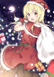 Rule 34 | 1girl, bell, blonde hair, blush, box, brown eyes, brown pantyhose, capelet, christmas, cloud, cloudy sky, commentary request, dress, full moon, fur-trimmed capelet, fur-trimmed dress, fur-trimmed gloves, fur-trimmed headwear, fur trim, gift, gift box, gloves, hair ornament, hairclip, hands up, hat, hatsuki kaname, highres, holding, holding sack, jingle bell, long hair, looking at viewer, looking to the side, moon, night, night sky, no shoes, original, outdoors, pantyhose, red capelet, red dress, red gloves, red hat, sack, santa hat, sky, soles, solo, star (symbol), star hair ornament