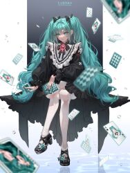 Rule 34 | 1girl, :&lt;, alternate costume, anklet, aqua hair, black bow, black dress, black footwear, bow, bowtie, brooch, card, crossed legs, dress, frilled dress, frilled sleeves, frills, hair bow, hair intakes, hatsune miku, high heels, highres, holding, holding card, jewelry, long hair, long sleeves, looking at viewer, nail polish, puffy long sleeves, puffy sleeves, pumps, solo, twintails, very long hair, vocaloid, yamiiko