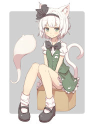 Rule 34 | 1girl, animal ear fluff, animal ears, blush, bow, bowtie, box, cat ears, cat tail, green eyes, hairband, highres, hitodama, kemonomimi mode, konpaku youmu, konpaku youmu (ghost), looking at viewer, mary janes, on box, shoes, shone, short hair, silver hair, simple background, sitting, sketch, smile, solo, tail, touhou, vest
