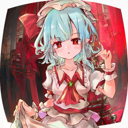 Rule 34 | 1girl, :o, ascot, blouse, blue hair, breasts, brooch, collarbone, collared shirt, commentary request, cowboy shot, frilled shirt collar, frilled skirt, frilled sleeves, frills, green brooch, hat, head tilt, highres, ikazuchi akira, jewelry, looking at viewer, medium hair, mob cap, open mouth, pointy ears, puffy short sleeves, puffy sleeves, red ascot, red background, red eyes, remilia scarlet, shirt, short sleeves, skirt, skirt hold, small breasts, solo, touhou, white hat, white shirt, white skirt, wide shot, wrist cuffs