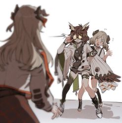 Rule 34 | 3girls, :d, arknights, asymmetrical legwear, black legwear, brown hair, feather hair, flying sweatdrops, glasses, horns, ifrit (arknights), jacket, multiple girls, open mouth, saria (arknights), silence (arknights), smile, test tube, thigh strap, toeless legwear, towtow redoland, turtleneck, twintails, uneven legwear, yellow eyes