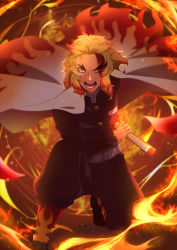 Rule 34 | 1boy, absurdres, belt, belt buckle, black jacket, black pants, blonde hair, blood, blood on face, buckle, cape, fighting stance, fire, forked eyebrows, highres, holding, holding sword, holding weapon, huge filesize, jacket, kimetsu no yaiba, kmgn0105, long sleeves, looking at viewer, male focus, multicolored hair, one eye closed, on one knee, orange eyes, pants, ready to draw, red hair, rengoku kyoujurou, sheath, solo, sword, two-tone hair, unsheathing, weapon, white belt, white cape