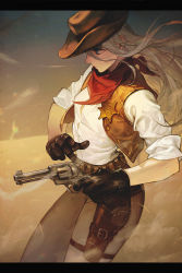 Rule 34 | 1girl, artist name, belt, black gloves, blue eyes, bullet, cowboy hat, cowboy western, floating hair, from side, gloves, gun, hair between eyes, handgun, hat, highres, holding, holding weapon, holster, long hair, morry, original, pants, red scarf, revolver, scarf, shaded face, sheriff, sheriff badge, shirt, silver hair, solo, star (symbol), symbol-only commentary, weapon, white shirt, wind, wind lift