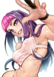 Rule 34 | 1girl, abs, blurry, bokkusu, bottomless, breasts, chinese clothes, covered erect nipples, depth of field, dudou, grin, han juri, impossible clothes, long hair, medium breasts, midriff, multicolored hair, muscular, muscular female, navel, no bra, no pants, nose, out-of-frame censoring, pink hair, purple eyes, purple hair, short eyebrows, smile, solo, stomach, street fighter, street fighter v, toned, two-tone hair, underboob