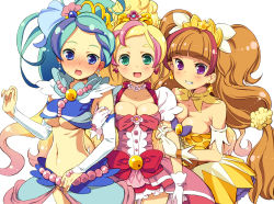 Rule 34 | 3girls, :d, amanogawa kirara, arm hug, bare shoulders, blonde hair, blue eyes, blue hair, blush, bow, breasts, brown hair, choker, cleavage, cure flora, cure mermaid, cure twinkle, girl sandwich, gloves, go! princess precure, green eyes, haruno haruka, holding another&#039;s arm, homing (areya), kaidou minami, large breasts, long hair, looking at viewer, magical girl, medium breasts, midriff, multicolored hair, multiple girls, navel, open mouth, pink hair, ponytail, precure, purple eyes, purple hair, sandwiched, simple background, smile, twintails, two-tone hair, underboob, waist bow, white gloves