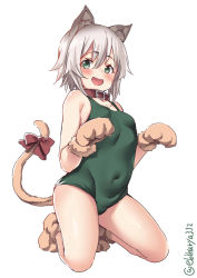Rule 34 | 1girl, :d, alternate color school swimsuit, alternate costume, animal ears, animal hands, blush, bow, breasts, cat day, cat ears, cat paws, cat tail, choker, collar, collarbone, covered navel, ebifurya, gloves, green eyes, green one-piece swimsuit, hair between eyes, highres, kantai collection, kemonomimi mode, kneeling, legs apart, looking at viewer, messy hair, one-piece swimsuit, open mouth, paw gloves, paw pose, paw shoes, red bow, school swimsuit, shimushu (kancolle), shoes, short hair, simple background, small breasts, smile, solo, swimsuit, tail, thighs, white background, white hair
