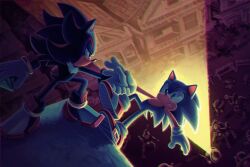 Rule 34 | 2boys, arm grab, chaos emerald, furry, furry male, gem, gloves, green eyes, gun beetle (sonic), gun hunter (sonic), highres, holding, holding gem, looking at another, male focus, multiple boys, natalie haines, outdoors, searchlight, shadow the hedgehog, sonic (series), sonic adventure 2, sonic the hedgehog, standing, white fur, white gloves
