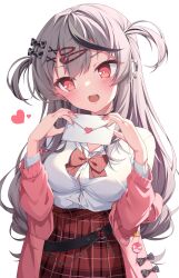 Rule 34 | 1girl, black bow, black hair, blush, bow, bowtie, chain, ear piercing, fang, grey hair, hair bow, hair ornament, hairclip, heart, high-waist skirt, highres, holding, holding letter, hololive, jacket, letter, long hair, long sleeves, looking away, multicolored hair, off shoulder, open mouth, piercing, pink jacket, plaid, plaid bow, plaid skirt, pleated skirt, quarterlift, red bow, red bowtie, red eyes, red nails, sakamata chloe, school uniform, shirt, sign, simple background, skirt, solo, streaked hair, teeth, two side up, upper body, upper teeth only, virtual youtuber, warning sign, white background, white shirt, x hair ornament