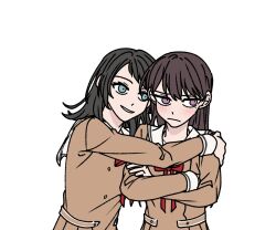 Rule 34 | 2girls, a jak, arm around neck, bang dream!, bang dream! it&#039;s mygo!!!!!, black hair, blue eyes, blush, brown dress, brown hair, closed mouth, commentary request, crossed arms, dress, embarrassed, hanasakigawa school uniform, hand on another&#039;s arm, hug, korean commentary, long hair, long sleeves, mole, mole under eye, multiple girls, parted lips, purple eyes, sailor collar, school uniform, shiina taki, simple background, smile, white background, white sailor collar, yahata umiri