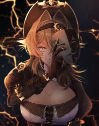 Rule 34 | 1girl, :d, breasts, brown gloves, brown hair, brown jacket, cleavage, cleavage cutout, clothing cutout, gloves, grey shirt, grin, hat, headband, highres, holding, holding mask, honkai (series), honkai impact 3rd, jacket, large breasts, long hair, looking at viewer, mask, open mouth, shirt, smile, solo, teeth, top hat, vill-v, wervus