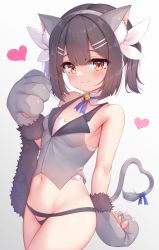 Rule 34 | 1girl, animal ears, animal hands, arata (xin), bare shoulders, bell, black hair, black panties, blue ribbon, blush, breasts, cat ears, cat tail, closed mouth, detached collar, fake animal ears, fate/kaleid liner prisma illya, fate (series), gloves, gradient background, grey background, grey gloves, hair ornament, hairclip, heart, highres, jingle bell, looking at viewer, miyu edelfelt, navel, neck bell, panties, paw gloves, ribbon, short hair, small breasts, smile, solo, stomach, tail, tail ornament, tail ribbon, thighs, underwear, white background, yellow eyes