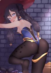 Rule 34 | 1girl, acg edit, against wall, animated, ass, ass shake, bare shoulders, blush, breasts, embarrassed, from behind, genshin impact, green eyes, hair ornament, hair ribbon, hat, leotard, live2d, long hair, looking at viewer, lowres, medium breasts, mona (genshin impact), open mouth, pantyhose, purple hair, ribbon, shiny clothes, sideboob, solo, thick thighs, thighlet, thighs, twintails, very long hair, video