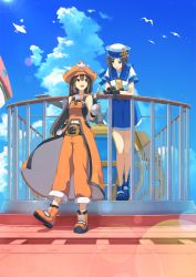 Rule 34 | 2girls, :d, april (guilty gear), arm belt, bad id, bad pixiv id, bare shoulders, belt, belt buckle, bird, black belt, black gloves, blue eyes, blue footwear, blue skirt, blue sky, blurry, brown eyes, brown hair, buckle, clothes writing, cloud, coat, commentary request, day, depth of field, english text, fingerless gloves, full body, gloves, guilty gear, hair between eyes, hand up, hat, heart, index finger raised, lens flare, long hair, looking at another, may (guilty gear), multiple girls, navel, neckerchief, open mouth, orange coat, orange footwear, orange hat, orange pants, outdoors, pants, pirate hat, railing, roman numeral, ryuga (balius), sailor, sailor collar, sailor hat, ship&#039;s wheel, shoes, short hair, short sleeves, skirt, skull and crossbones, sky, sleeveless, sleeveless coat, smile, standing, white hat, yellow neckerchief