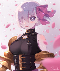 Rule 34 | alternate breast size, alternate costume, black dress, blurry, blush, breasts, cherry blossoms, corset, cosplay, depth of field, dress, eyelashes, fate/grand order, fate (series), glint, gradient background, hair over one eye, highres, light purple hair, looking at viewer, mash kyrielight, passionlip (fate) (cosplay), pink background, purple eyes, short hair, smile, solo