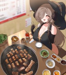 Rule 34 | 1girl, bad id, bad pixiv id, bare shoulders, black choker, black gloves, black hat, blurry, blurry background, blush, breasts, choker, chopsticks, cleavage, closed eyes, elbow gloves, food, gloves, hair over one eye, hat, hat belt, heart, highres, horns, large breasts, meat, oh (aung ae), open mouth, original, plate, smile, solo, steam, table