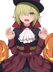 Rule 34 | 1girl, absurdres, amen osora, aoi (princess connect!), blush, breasts, elf, green eyes, green hair, halloween, halloween costume, hat, highres, looking at viewer, pointy ears, princess connect!, small breasts