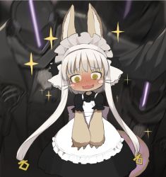 Rule 34 | 1girl, @ @, animal ears, blush, bondrewd, commentary, ears through headwear, embarrassed, furry, furry female, hat, jong tu, long hair, looking at viewer, made in abyss, maid, nanachi (made in abyss), pouch, solo, sparkle, whiskers, white hair, yellow eyes
