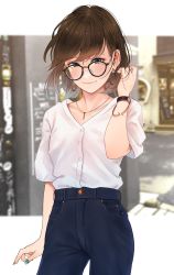 Rule 34 | 1girl, adjusting hair, black-framed eyewear, blue pants, blurry, blurry background, blush, bracelet, brown eyes, brown hair, closed mouth, collarbone, denim, earrings, glasses, hand up, high-waist pants, highres, jeans, jewelry, looking at viewer, mole, mole on collarbone, mole under eye, nail polish, necklace, original, outdoors, pants, saitou (lynx-shrike), shirt, short hair, short sleeves, smile, solo, standing, watch, white shirt
