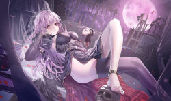 Rule 34 | 1girl, absurdres, bare legs, belt, black dress, black thighhighs, breasts, cape, detached sleeves, dress, feet, full moon, gold trim, hand up, heirou, highres, hololive, hololive english, large breasts, legs, long hair, long sleeves, looking at viewer, lying, moon, mori calliope, mori calliope (1st costume), on back, pink hair, red eyes, side slit, single thighhigh, skull, solo, strapless, strapless dress, thighhighs, thighs, virtual youtuber