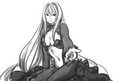 Rule 34 | 1girl, breasts, center opening, cleavage, corticarte reichstein, drawfag, greyscale, highres, long hair, looking at viewer, medium breasts, monochrome, reaching, reaching towards viewer, solo, sousouki reginald, very long hair